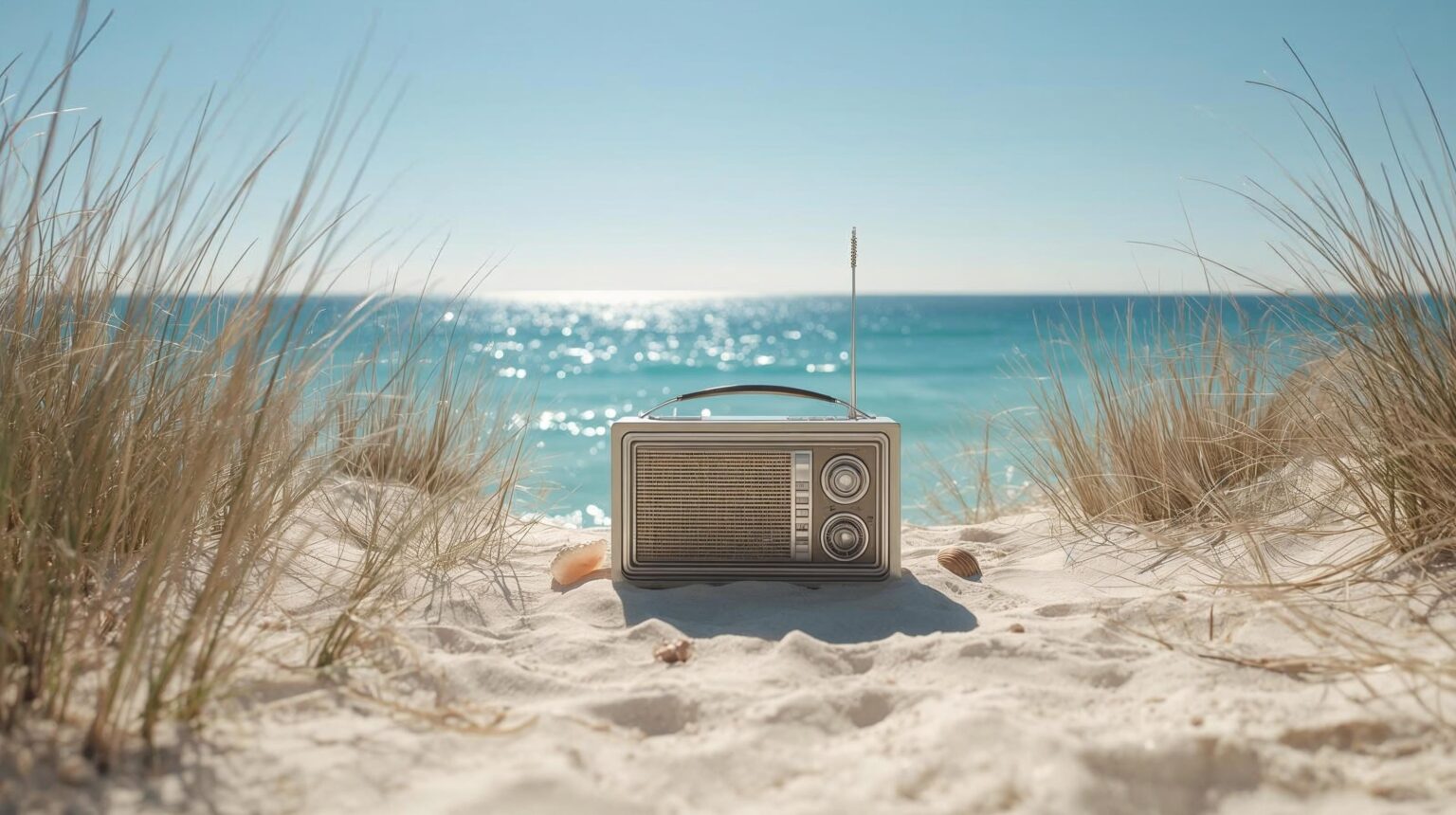 A vintage radio is nestled in the sand among beach grasses against the backdrop of a calm aquamarine ocean on a bright and sunny day.