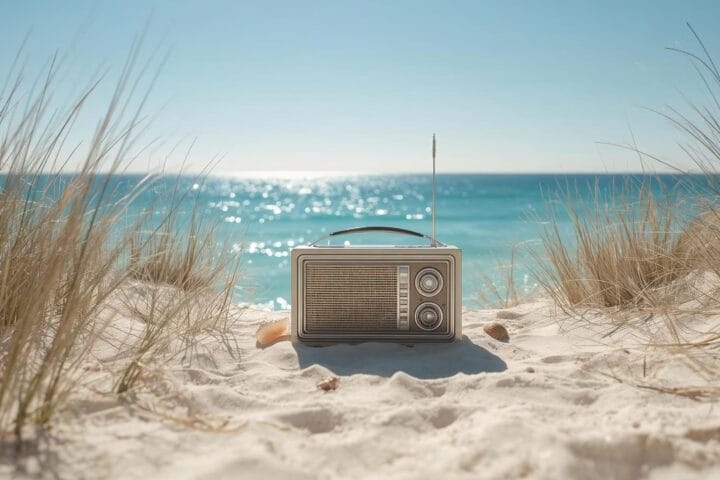 A vintage radio is nestled in the sand among beach grasses against the backdrop of a calm aquamarine ocean on a bright and sunny day.
