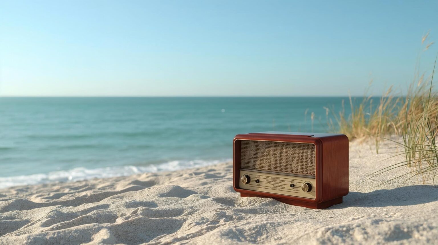 A vintage radio on a beach.