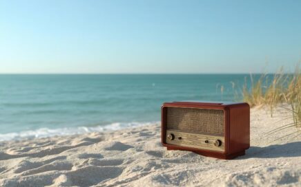 A vintage radio on a beach.