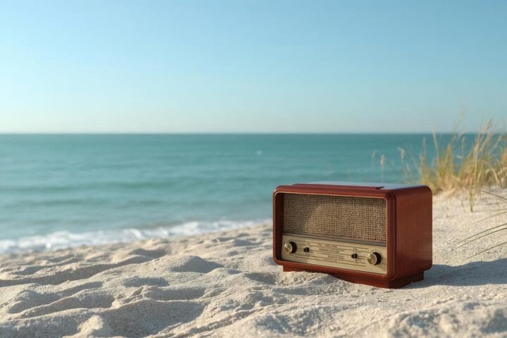 A vintage radio on a beach.