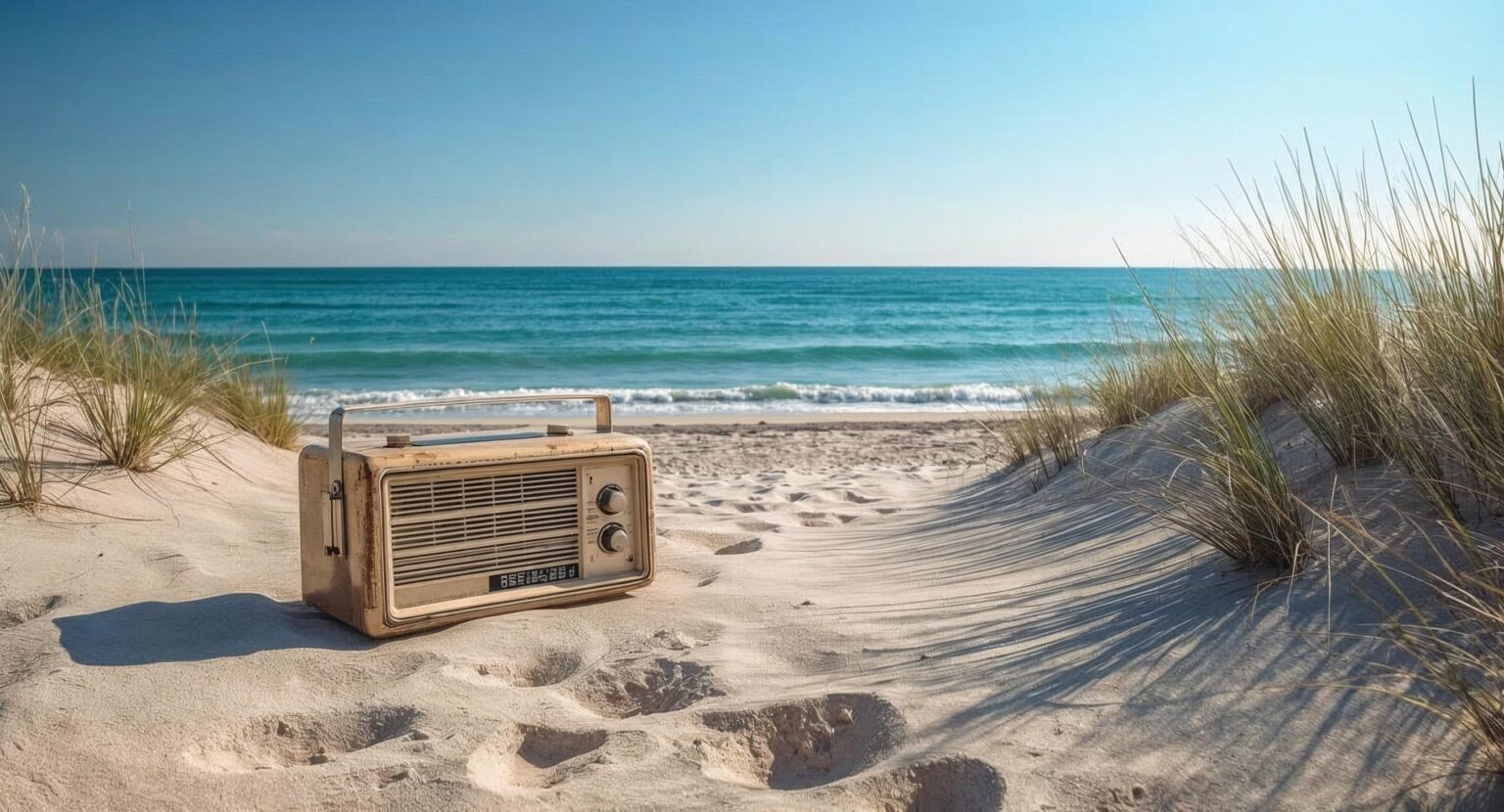 A vintage radio on an ocean shore.