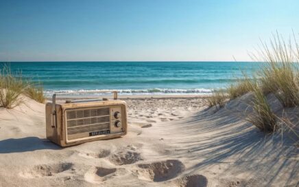 A vintage radio on an ocean shore.