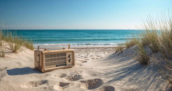 A vintage radio on an ocean shore.
