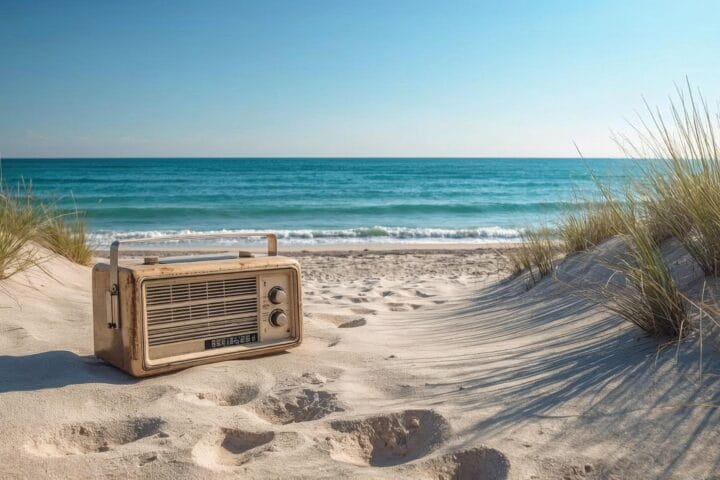 A vintage radio on an ocean shore.