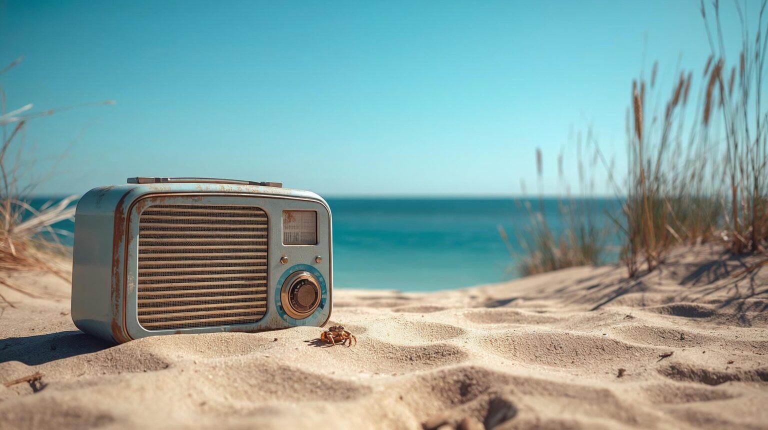 A vintage radio on an ocean shore.