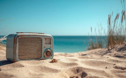 A vintage radio on an ocean shore.