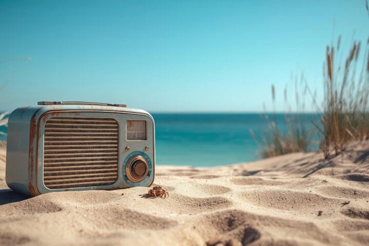 A vintage radio on an ocean shore.