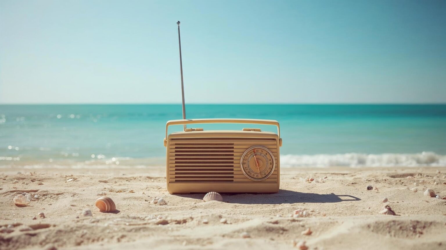 A vintage radio on an ocean shore.