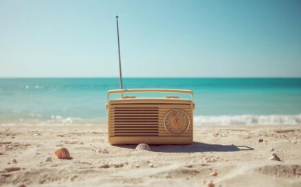 A vintage radio on an ocean shore.