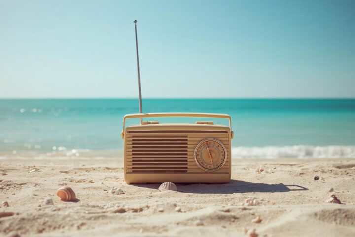 A vintage radio on an ocean shore.